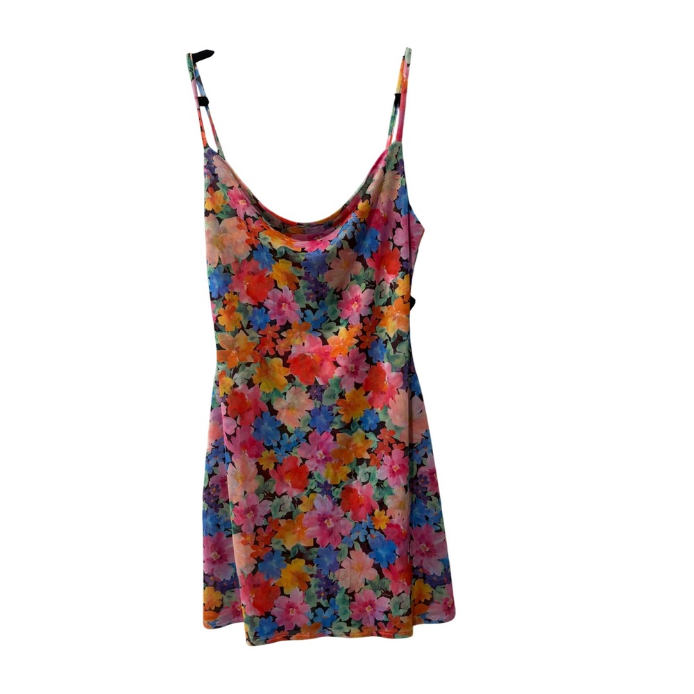 SKATIE Samantha Mesh Mini Dress Womens XS Floral Cowl Neck Colorful Sexy